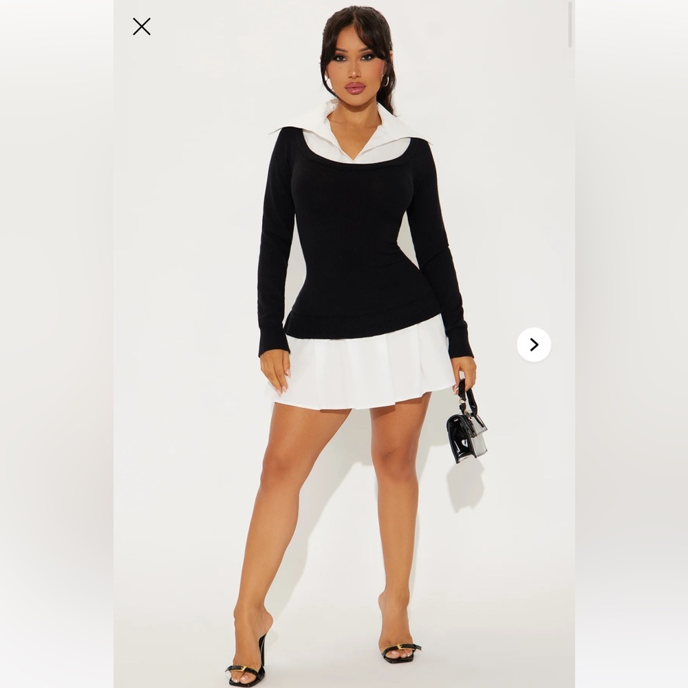 Black and White Collared long sleeves mini Dress